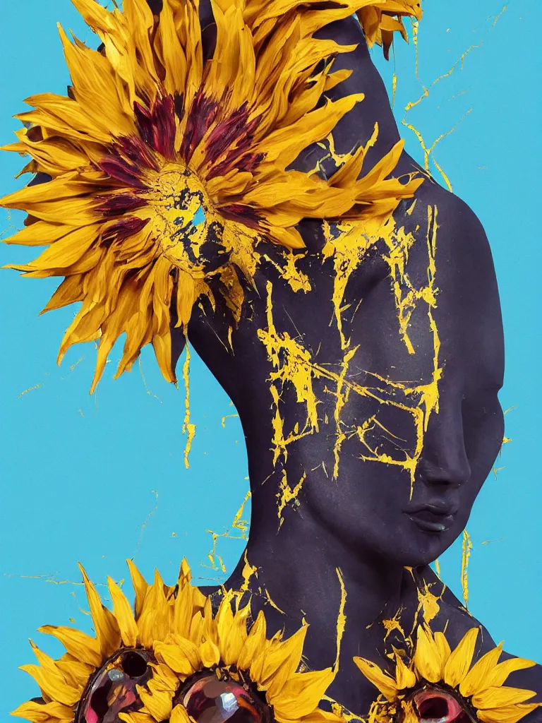 Prompt: symmetrical painting of a fractured dark obsidian greek statue of female beauty, yellow topaz spikes sunflowers, lightblue dripping acrylic paint and tar, repaired with magenta kintsugi, rendered in octane trending on cgsociety. extremely detailed and intricate art, corruption, sleek