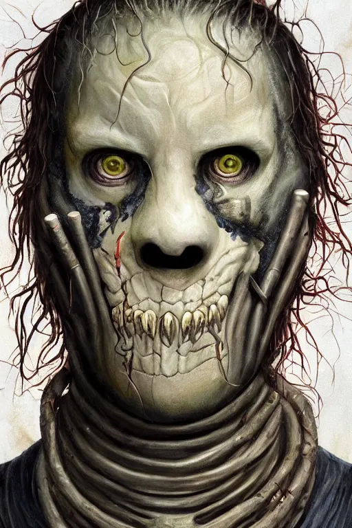 Image similar to a full body high detail fantasy portrait oil painting illustration of slipknot band in the torment nexus by justin sweet with face and body clearly visible, insane, visceral, realistic proportions, d & d, rpg, forgotten realms, artstation trending, high quality, sombre mood, artstation trending, muted colours, entire person visible!