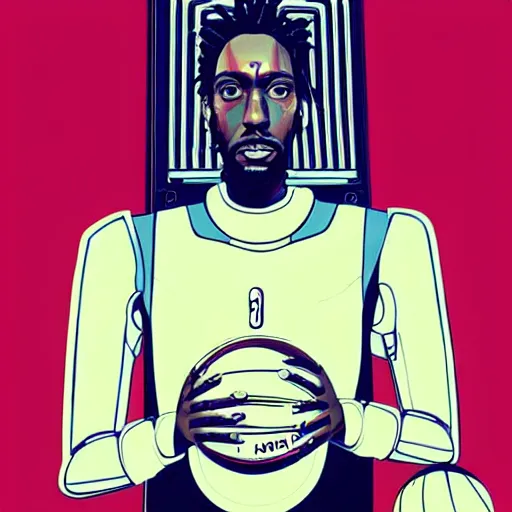 Prompt: a portrait of kawhi leonard as an android robot holding a basketball by conrad roset, hyperdetailed, cyberpunk, cool, cybernetically enhanced, trending on artstation