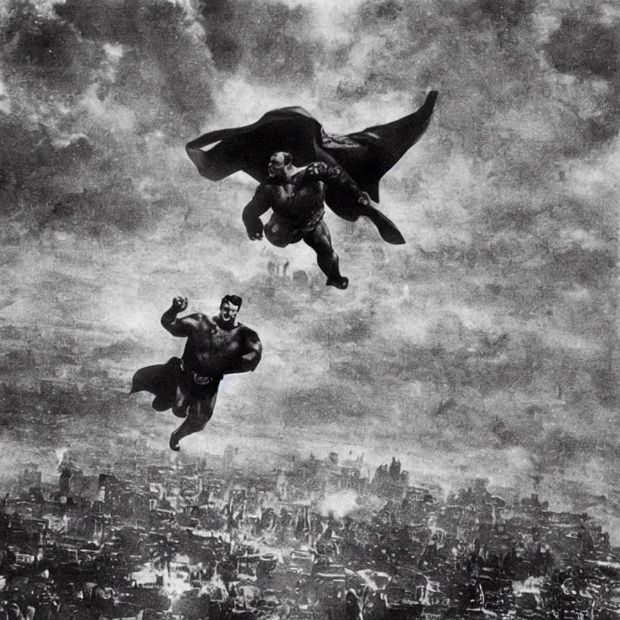 Image similar to “Close-up of very fat, very old, and bald Superman flying over destroyed city. Newspaper photo.”