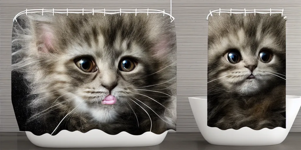 Image similar to a ( ( ( ( ( maine coon kitten ) ) ) ) ) baby yoda artwork themed shower curtain, shower curtain. product photography. product lighting. digital art. 4 k, highly detailed. saturated.