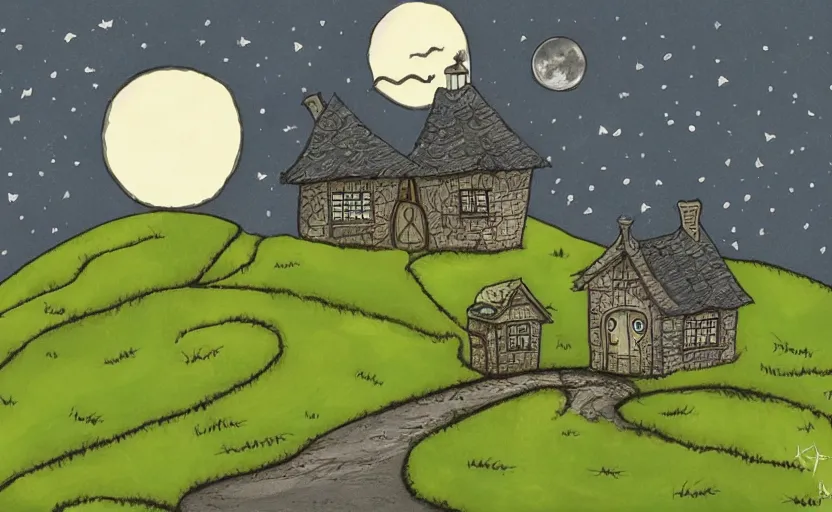 Prompt: a witch's cottage on a lonely hill against a giant moon, color ink, storybook, gouache, flat, concept art, lush