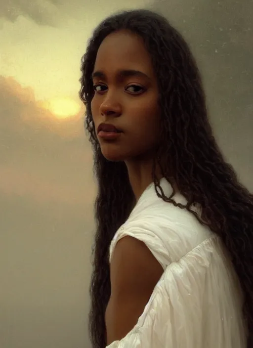 Image similar to oil painting close up portrait of a contemplative young black woman with long dark flowing hair in a white dress, covered in white roses!! at sunset, hazy, digital art, chiaroscuro, artstation, cinematic, golden hour, digital art painting by greg rutkowski, william - adolphe bouguereau, hazy atmosphere, cinematic lighting