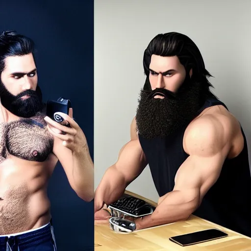 Image similar to a chad with wavy black hair and a beard. muscular. godlike. using a computer.