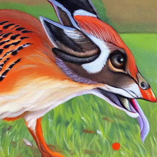 Prompt: A painting of a pheasant eating a fox