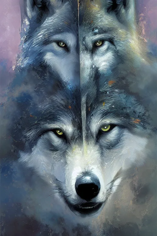 Image similar to spiritual twin flame wolf art, forest hue, highly detailed, oil painting, by craig mullins