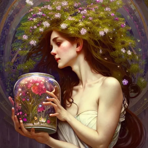 Prompt: A woman holding an enchanted jar full of magic flowers surrounded by fairies, fairy tale, face, fantasy, intricate, elegant, highly detailed, digital painting, artstation, concept art, smooth, sharp focus, illustration, art by Krenz Cushart and Artem Demura and alphonse mucha