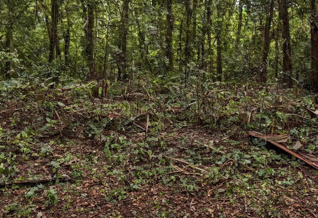 Image similar to an abandoned creepy playground in the middle of a dense forest, high detail