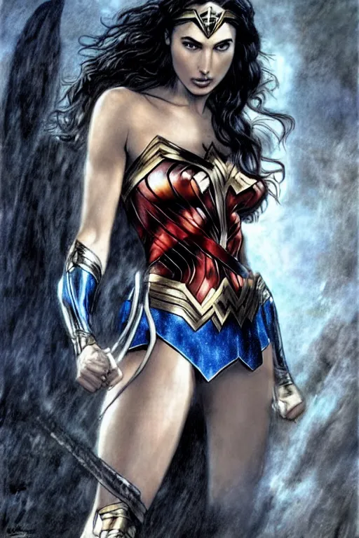 Prompt: Gal Gadot as Wonder Woman with athletic body, illustration by Luis Royo