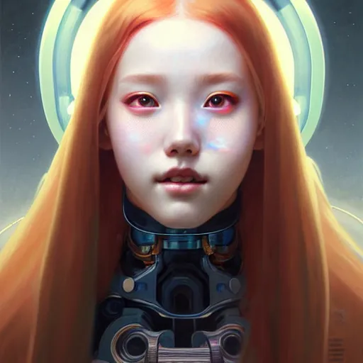 Image similar to portrait painting of a cute cyborg chuu loona kpop smiling cheerfully, ultra realistic, concept art, intricate details, eerie, highly detailed, photorealistic, octane render, 8 k, unreal engine. art by artgerm and greg rutkowski and magali villeneuve and alphonse mucha