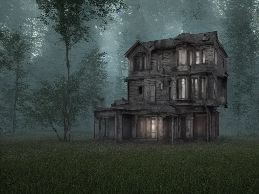 Prompt: architectural visualization of an abandoned house in a forest, 3d rendering, 4k, volumetric lighting, realistic