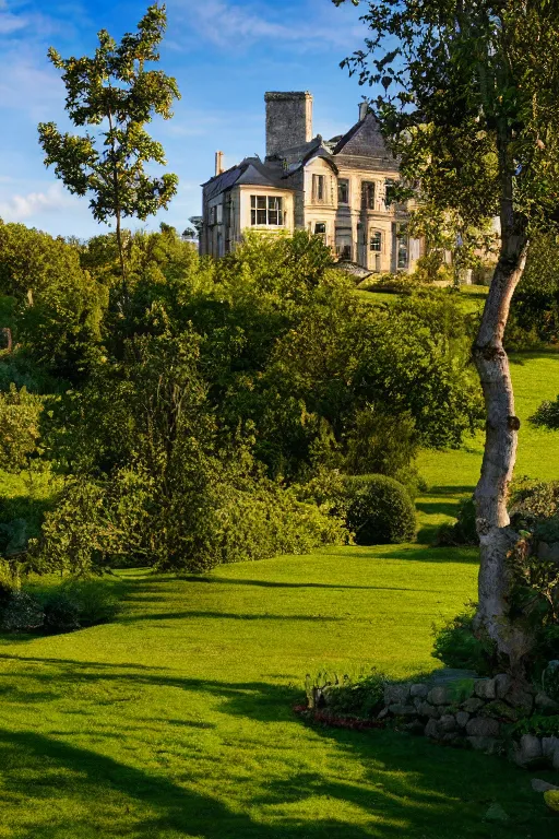 Prompt: movie screenshot wide-shot landscape with big stone edwardian house in the garden, apple trees, beautiful ambiance, golden hour, sharp focus, highly detailed,