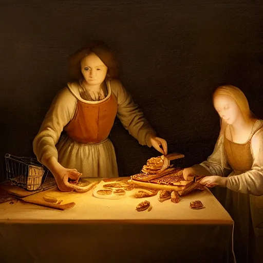 Prompt: one young man and one young woman baking waffles in romantic light painted by davinci