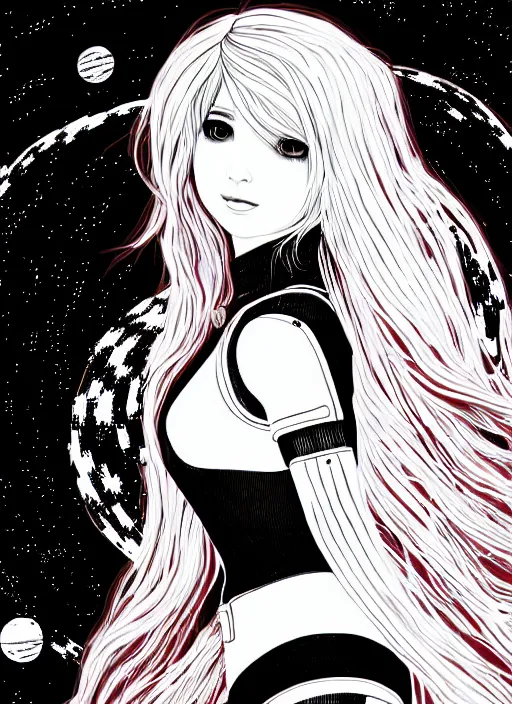 Prompt: highly detailed pen line drawing of a hopeful pretty astronaut lady with a wavy blonde hair, 4k resolution, nier:automata inspired, bravely default inspired, vibrant but dreary but upflifting red, black and white color scheme!!! ((Space nebula background))