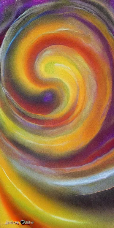 Image similar to cosmic folding in spacetime by marina apollonio, spooky autumnal colours, expressionist, minimal, spiral form