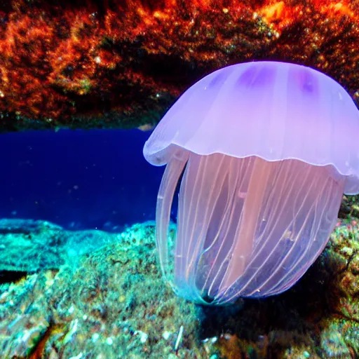 Prompt: jellyfish underwater near the coral reef floating silently