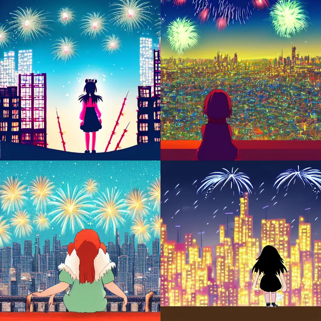 Prompt: girl watching fireworks over a city in the style of hayao miyazaki