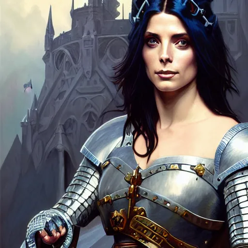 Image similar to Ashley Greene with dark blue hair as Joan of Arc wearing metal armor, western, D&D, fantasy, intricate, elegant, highly detailed, digital painting, artstation, concept art, matte, sharp focus, illustration, art by Artgerm and Greg Rutkowski and Alphonse Mucha