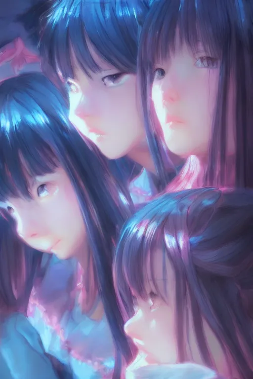 Prompt: 3d infrared octane render concept art by Mo Xiang Tong Xiu, by Igarashi Daisuke, by makoto shinkai, cute beauty cozy portrait anime sad schoolgirls under dark pink and blue tones, mirror room. light rays. deep water bellow. pretty and cutest sad face. dramatic deep light, trending on artstation, oil painting brush