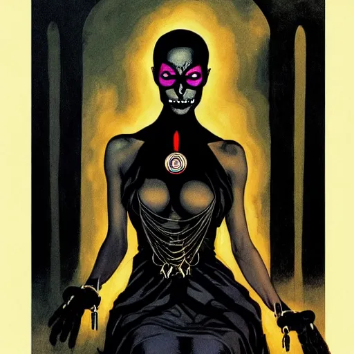 Prompt: thandiwe newton as the comic book character, death, a young and beautiful pale goth girl wearing a black vest and black punk hair, an ankh medallion hangs around her neck. dramatic makeup, the actress thandiwe newton, comic art portrait by joshua middleton and coles phillips, kandinsky,