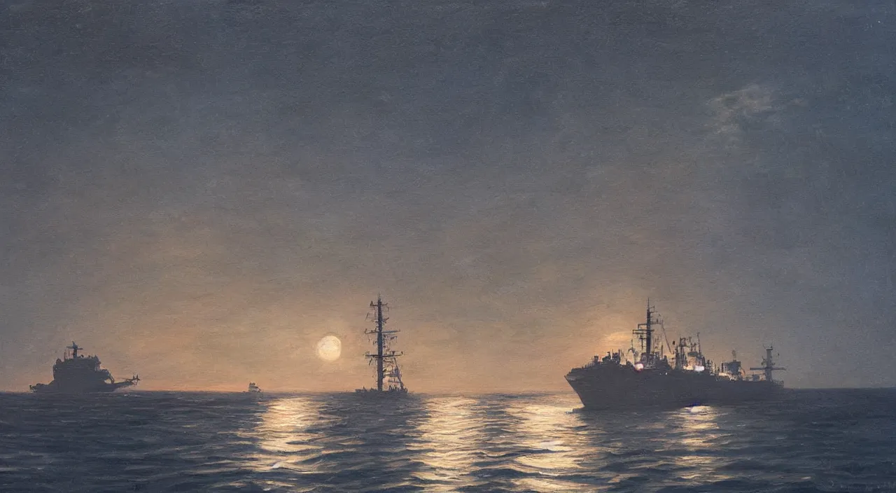 Image similar to Close up of battleship at night in the middle of the ocean, lit by the moon, oil painting