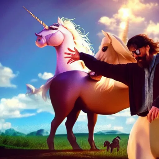 Image similar to big lebowski riding a unicorn, cinematic lighting, award winning photography