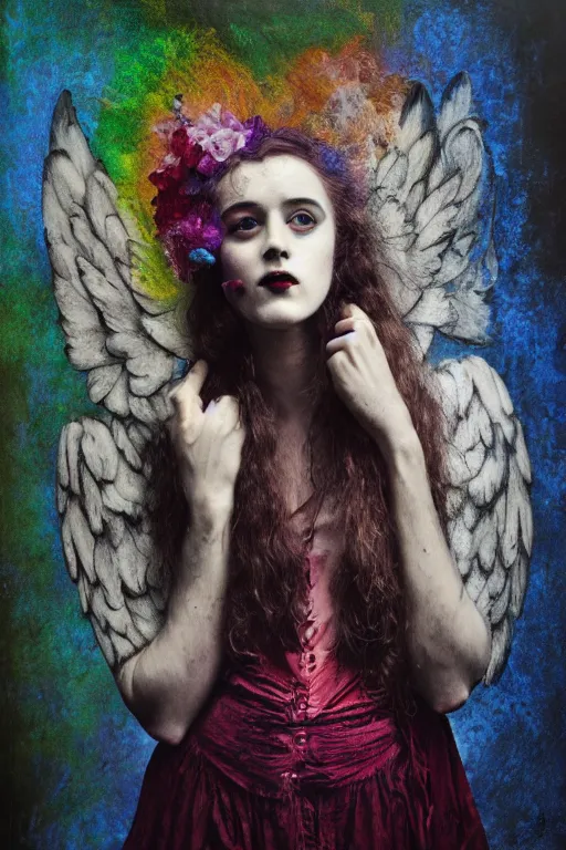 Prompt: pre-raphaelite punk rock dark rainbow noir angel painting, floral detail, smoky eyes, photo by Annie Leibovitz, Anton Fadeev