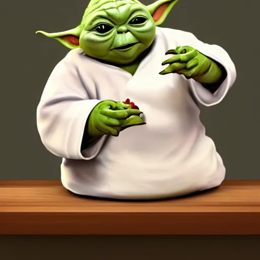 Prompt: curious mouth agape innocent tiny overweight chubby baby yoda as chef wearing white chefs hat and white apron, offering a plate of food, vegetables, photography, hyperrealism, unreal engine, octane 3 d render, houdini, unity 3 d, highres, adobe premier pro, trending on artstation, trending on deviantart, # thisistheway