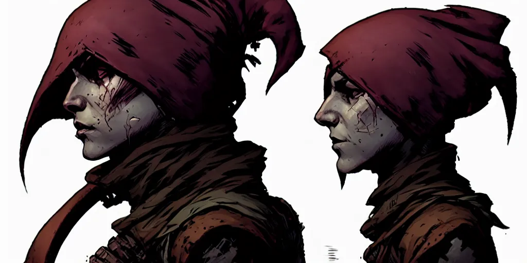 Image similar to rogue character portrait, sprite, hood, darkest dungeon, pc game, sideview, art by moebius and greg rutkowski.