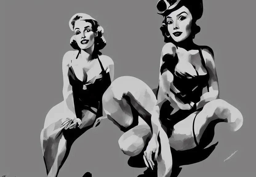 Prompt: painting of the figure of a pin up girl posing, high contrast, poster, clothes in the fashion of 6 0's, concept art, black and white, dramatic lighting, digital art, 8 k