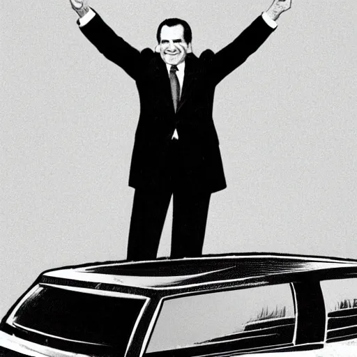 Image similar to Richard Nixon holding aloft a car tire, in the style of William Blake