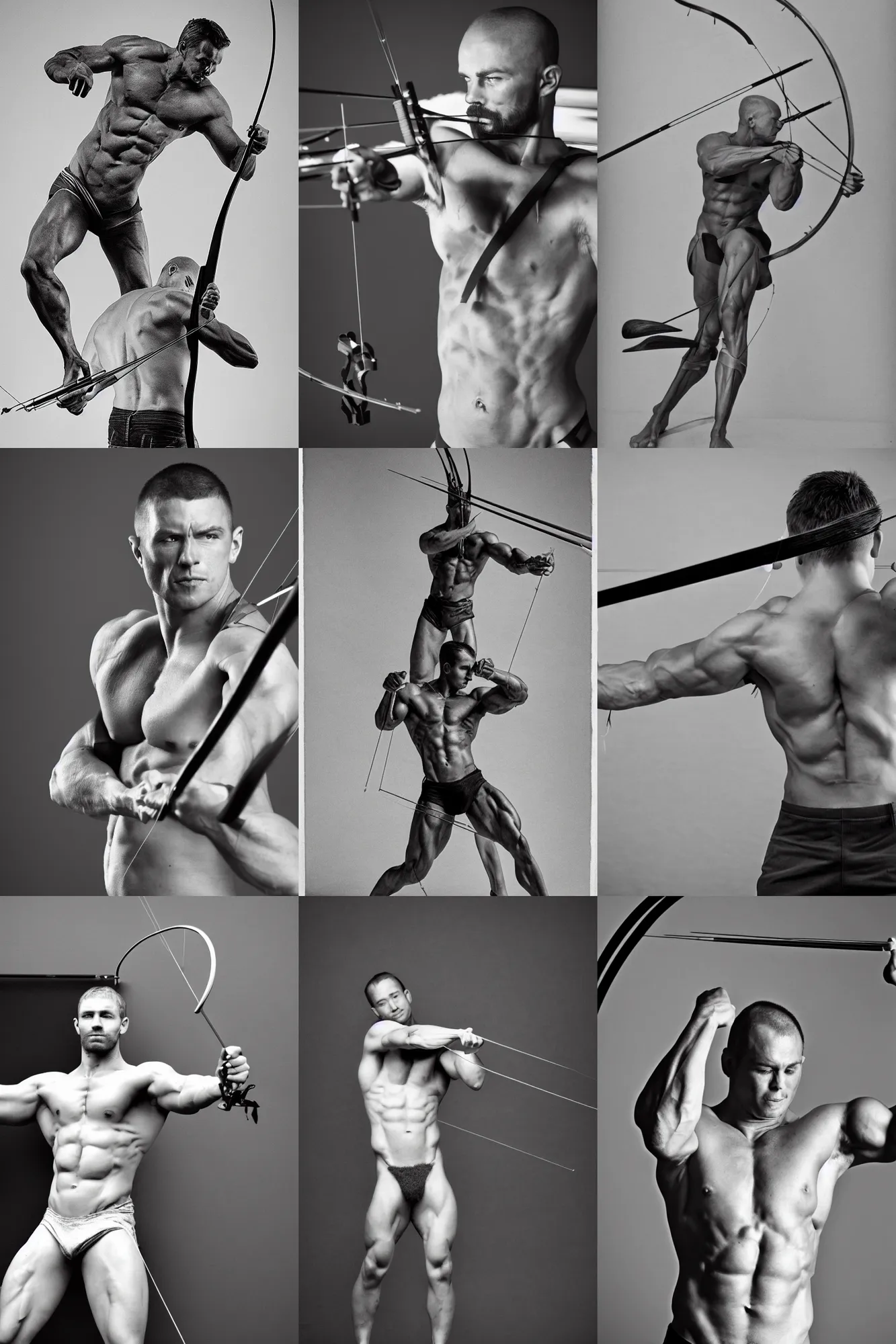 Prompt: a muscular male figure shooting a bow and arrow, black and white photography, 8 k,