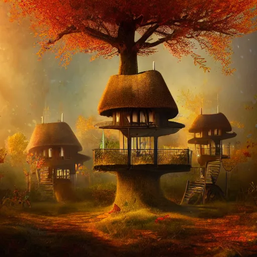 Image similar to a handful of tree houses complete with chimneys with puffs of smoke, nestled in a forest, thatched roofs, golden hour, autumn leaves, ethereal, realistic high quality art digital art trending on artstation