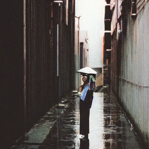 Image similar to 1990s perfect 8K HD professional cinematic photo of close-up japanese schoolgirl posing in sci-fi dystopian alleyway at morning during rain, at instagram, Behance, Adobe Lightroom, with instagram filters, depth of field, taken with polaroid kodak portra