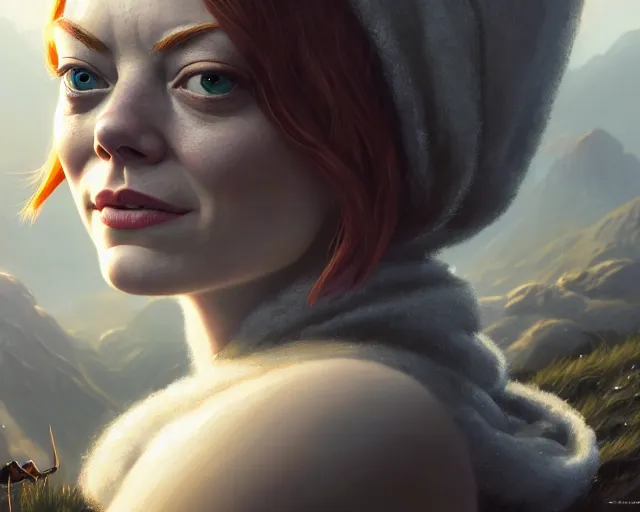 Image similar to highly detailed portrait of emma stone as a bald elf, in skyrim, stephen bliss, unreal engine, fantasy art by greg rutkowski, loish, rhads, ferdinand knab, makoto shinkai and lois van baarle, ilya kuvshinov, rossdraws, tom bagshaw, global illumination, radiant light, detailed and intricate environment