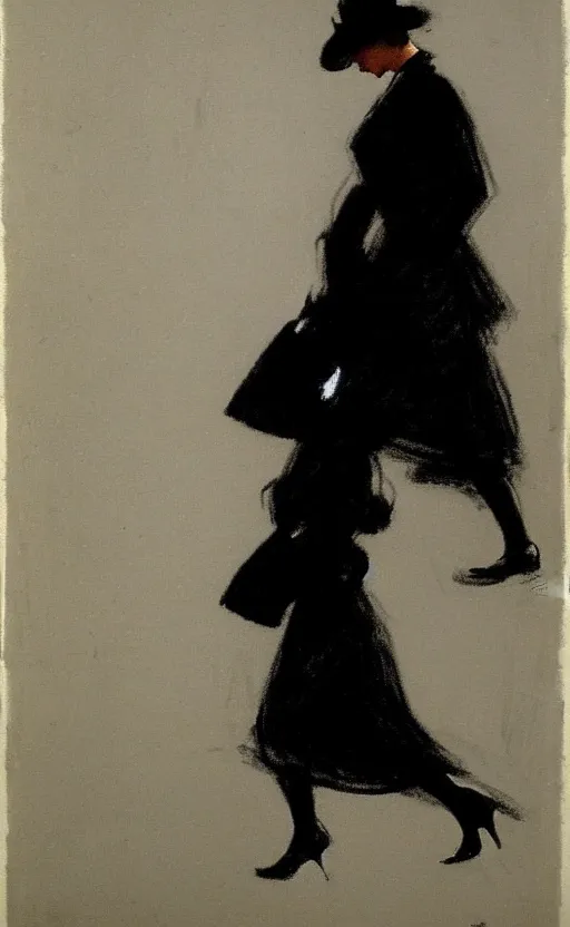 Image similar to black and white silhouette drawing of a person walking, white background by stanhope forbes