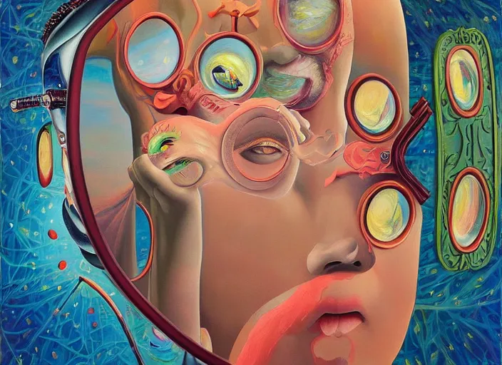 Image similar to a painting of a person looking in a mirror, a surrealist painting by Taro Okamoto, behance contest winner, pop surrealism, surrealist, cosmic horror, biomorphic