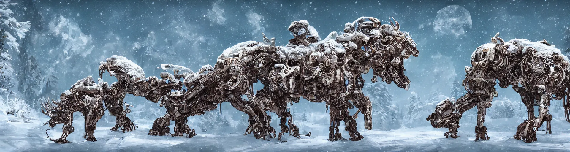 Prompt: Highly Detailed digital illustration about the beauty of nature in a snowpunk world where all animals have been replaced by mechanical beasts. Trending on Artstation