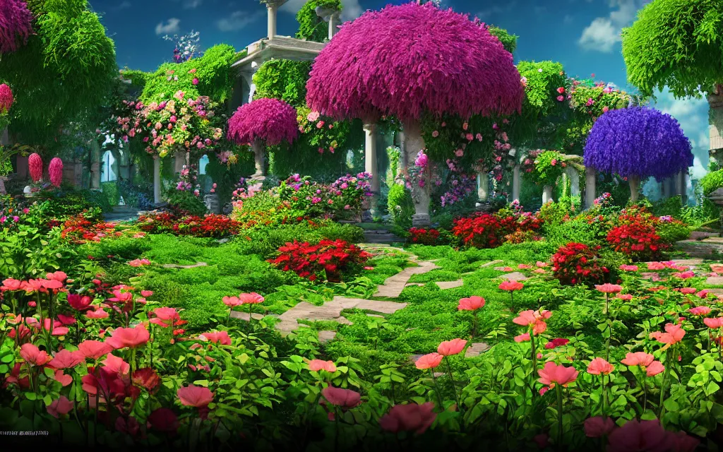 Image similar to a sprawling garden with many flowers and vines, sunny day, beautiful lighting, vivid colors!, highly detailed, cinematic, octane render, 4 k, trending on artstation, deviantart featured