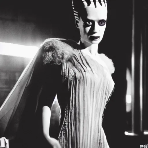 Image similar to cinematic portrait of bride of frankenstein as a replicant in a busy nightclub, frightened and angry, still from the movie bladerunner, fashion photography, a neon sign is in the background