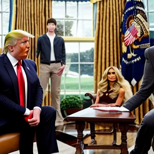 Image similar to a scene from the tv show, the boys, featuring donald trump as homelander.