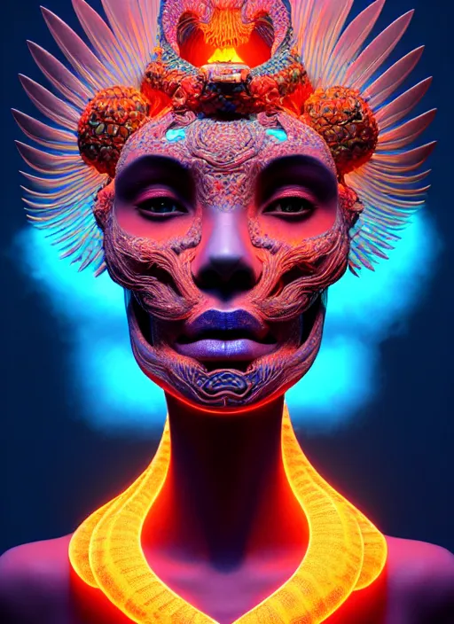 Image similar to 3 d goddess face portrait, sigma 5 0 0 mm f / 5. beautiful intricate highly detailed quetzalcoatl skull and feathers. bioluminescent, plasma, lava, ice, water, wind, creature, thunderstorm! artwork by tooth wu and wlop and beeple and greg rutkowski, 8 k trending on artstation,