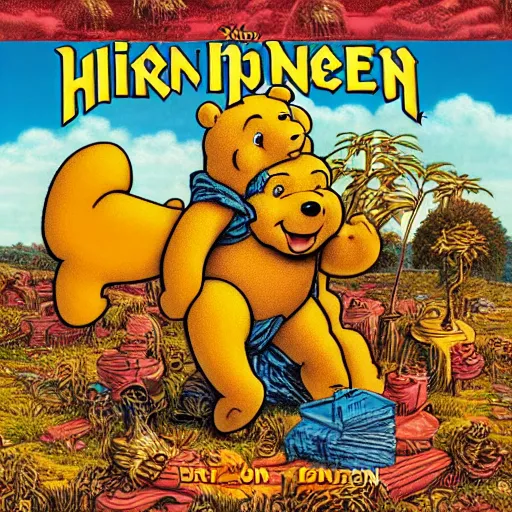 Image similar to winnie the poo on iron maiden album cover, 8 k resolution hyperdetailed photorealism