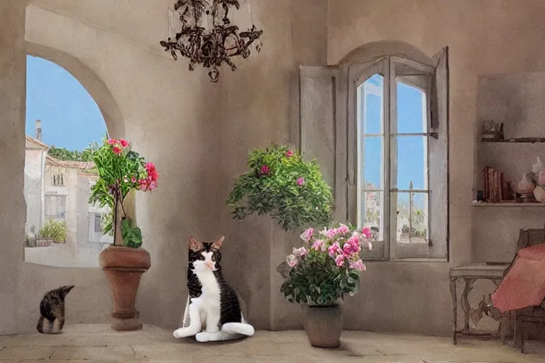 Image similar to a very very very very detailed matte painting of Cute Cat sitting in center of Provence style Room,