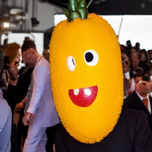 Image similar to photo of elon musk cosplaying as a mango fruit costume, highly detailed, extremely high quality, hd, 4 k, 8 k, professional photographer, 4 0 mp, lifelike, top - rated, award winning, cinematic, realistic, detailed lighting, detailed shadows, sharp, no blur, edited, corrected, trending