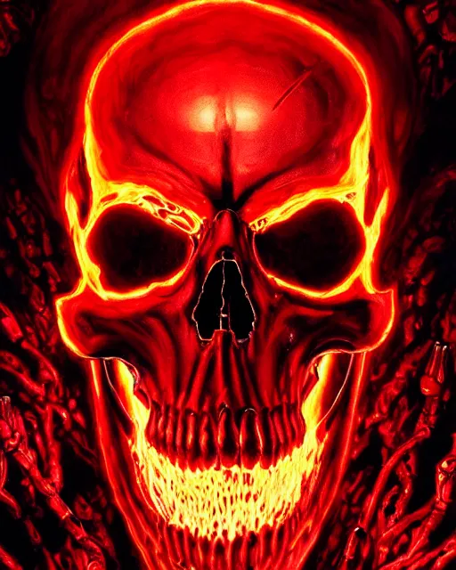 Image similar to red fiery eyes spawn - terminator skull - ghost rider - hybrid, supervillains, intricate artwork, concept art, eyes octane render, deviant art, cinematic, key art, hyperrealism, iridescent accents, portrait photograph, in hell, nikon 3 5 mm, ridley scott, moebius, dan mumford, jim lee