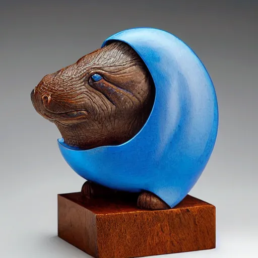 Image similar to a small smooth hippo statue carved from natural wood, dipped in polished blue resin, half and half, mixed media, side view