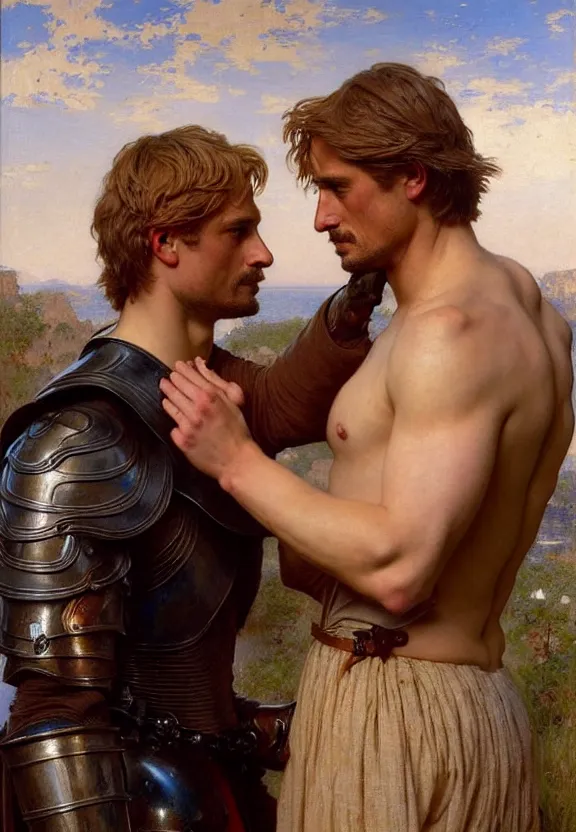 Prompt: attractive handsome fully clothed jaime lannister confesses his love and kisses attractive fully armored brienne of tarth. two knights in love. highly detailed painting by gaston bussiere and j. c. leyendecker and william adolphe bouguereau, musee d'orsay 8 k