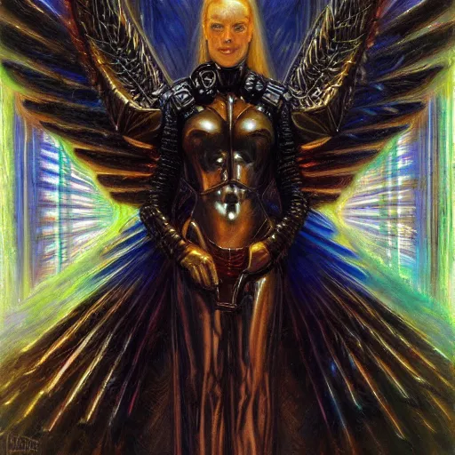 Prompt: portrait of a cyberpunk angel, by donato giancola.