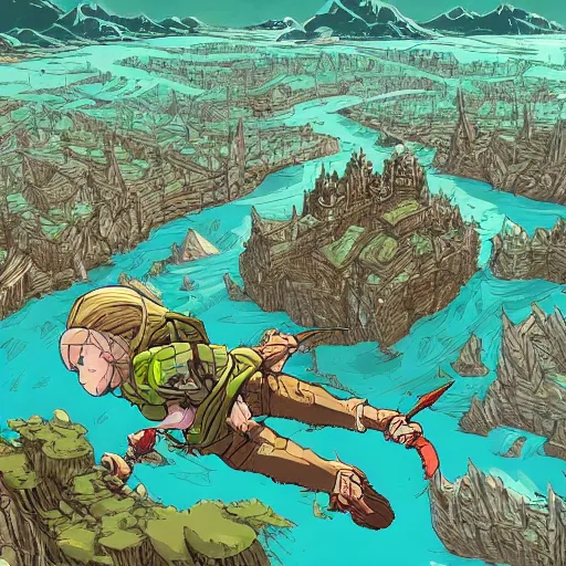 Image similar to cell shaded adult animation, a birds eye view overlooking a walled off ancient fantasy city besieged by monsters, surrounded by mountains and trees of greens and browns, rivers and lakes, concept art by josan gonzales and wlop, Laurie Greasley and james jean, highly detailed, sharp focus, Trending on Artstation, HQ, deviantart, art by artgem